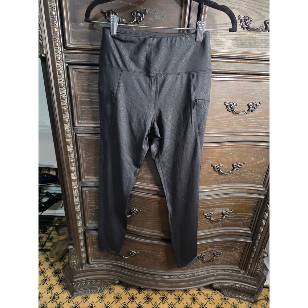 Tahari Sport Black Leopard Print High Waist Leggings Zipper Pockets Small